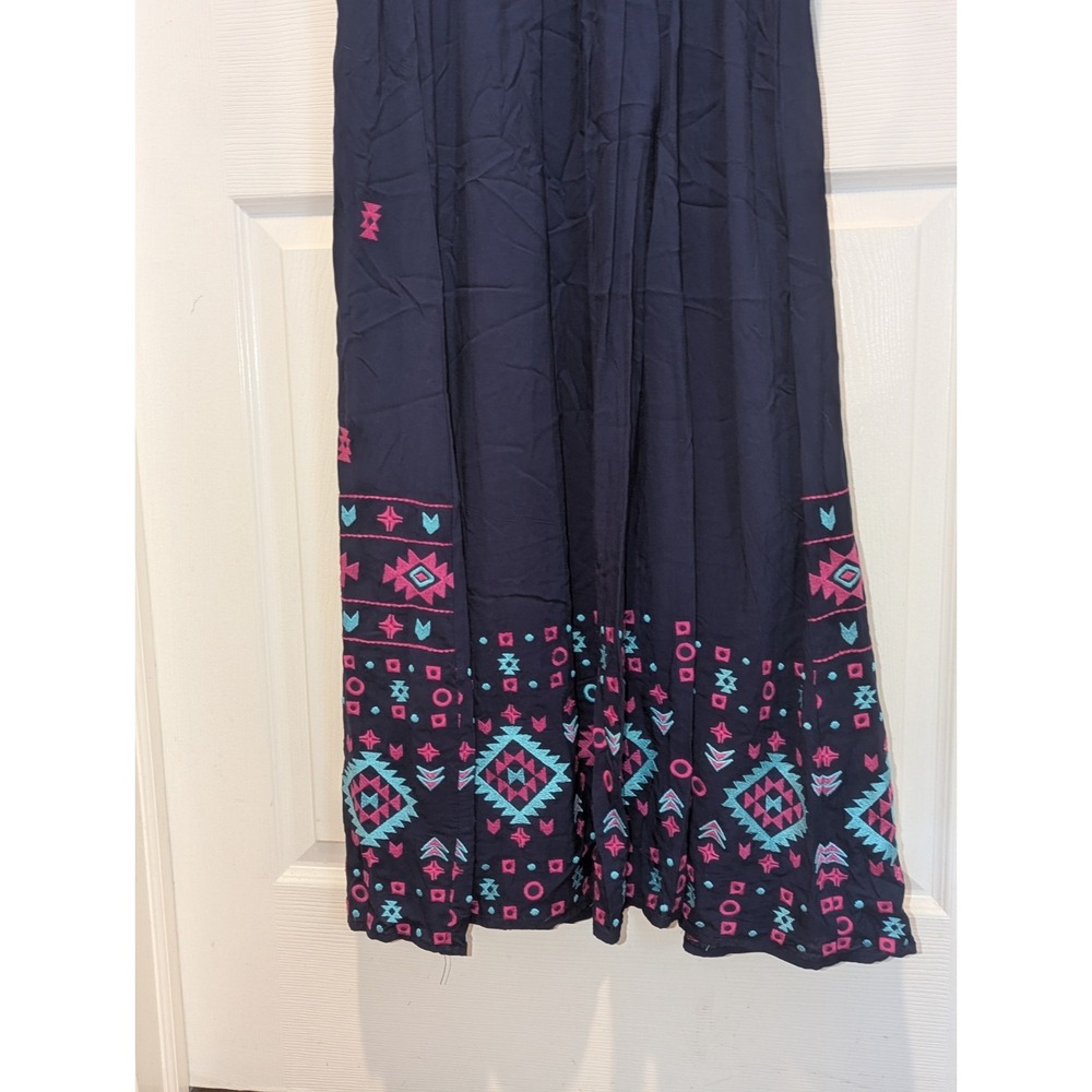 Boho Southwest Embroidered Maxi Dress Tie Strap Navy Savanna Jane L - Picture 6 of 9